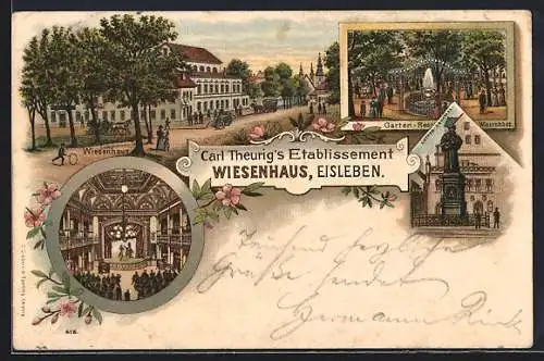 Lithographie Eisleben, Gasthof Wiesenhaus, Innenansicht, Garten-Restaurant