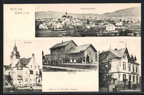 AK Elstra i. Sa., Schloss, Post, Bahnhof