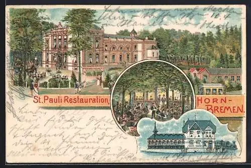 Lithographie Horn-Bremen, St. Pauli-Restaurant, Garten, Eisenbahn