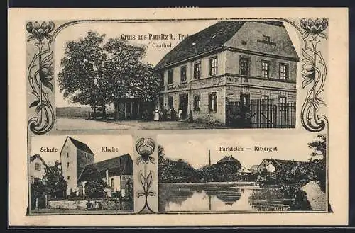 AK Pausitz b. Trebsen, Gasthof, Schule und Kirche, Parkteich mit Rittergut