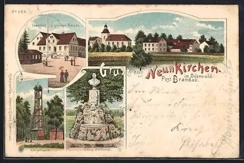 Lithographie Neunkirchen /Odenwald, Gasthof z. grünen Baum, Kaiserturm