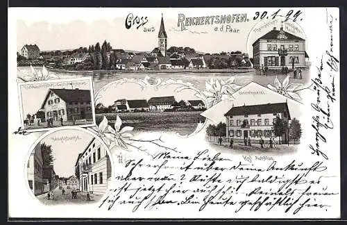 Lithographie Reichertshofen a. d. Paar, Einnehmerei, Hauptstrasse, Knoblauchsches Geschäftshaus, Kgl. Aufschlag