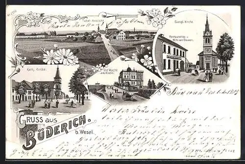 Lithographie Büderich b. Wesel, Restaurant von Wilh. van Dawen und Evangelische Kirche, Wacht am Rhein, Kath. Kirche