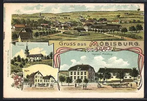 Lithographie Möbisburg, Restaurant zur Forelle, Sägewerk, Kirche