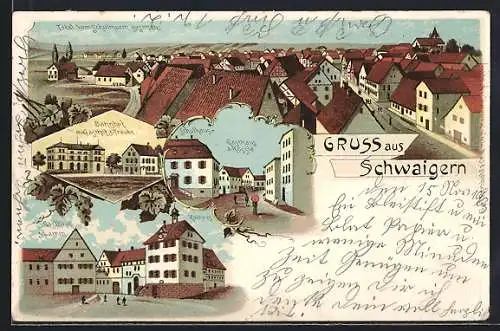 Lithographie Schwaigern, Gasthaus zum Rössle, Gasthaus zum Lamm und Rathaus, Bahnhof mit Gasthof zur Traube