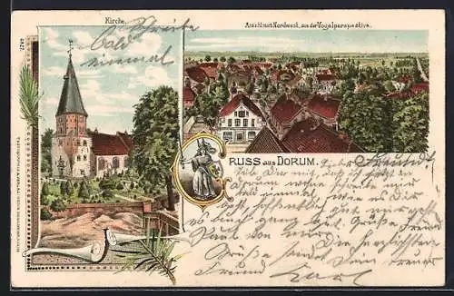 Lithographie Dorum, Kirche Ansicht nach Nordwest aus der Vogelschau