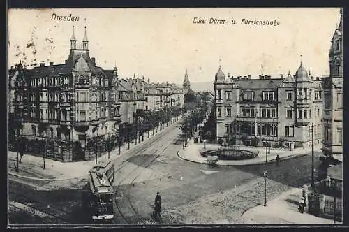 AK Dresden, Ecke Dürer- und Fürstenstrasse mit Strassenbahn