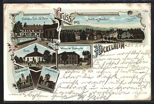 Lithographie Höckelheim, Gasthaus und Saal von Jul. Stille, Wohnhaus des Klostergutes, Kirche