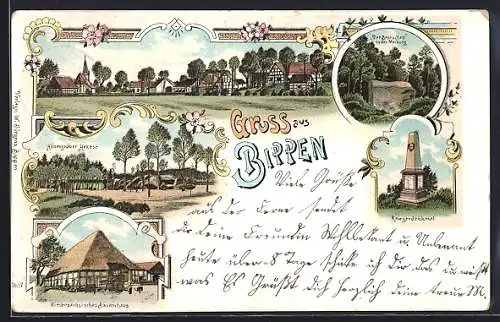 Lithographie Bippen, Niedersächsisches Bauernhaus, Hünengräber und Kriegerdenkmal