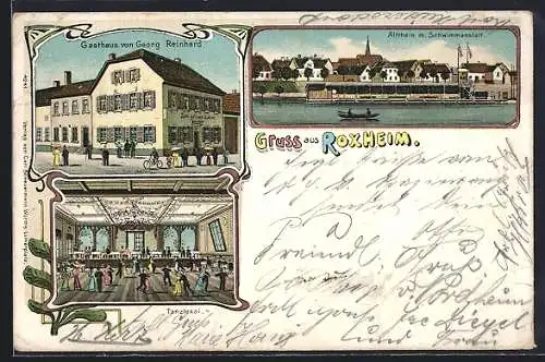 Lithographie Roxheim / Rhein, Gasthaus von Georg Reinhard, Schwimmanstalt, Tanzlokal