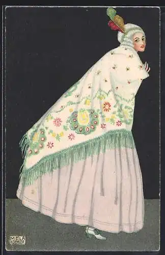 Künstler-AK Mela Köhler: Dame mit besticktem Schal