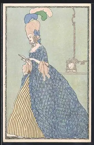 Künstler-AK sign. Mitzi Marbach: Barocke Dame in blauem Kleid mit Fächer, Jugendstil