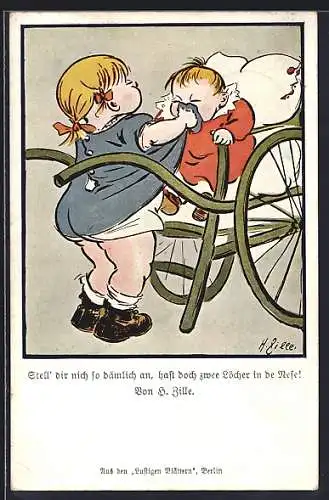 Künstler-AK Heinrich Zille: Mädchen lässt ihr Geschwisterchen in ihren Rockschoss schnäuzen