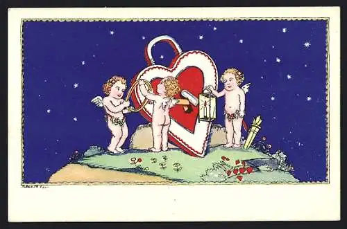 Künstler-AK Robert Philippi: Kleine Amoretten schliessen ein herzförmiges Schloss auf
