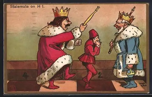 AK Schach, Bauer steht zwischen den beiden Königen, vermenschlichte Schachfiguren