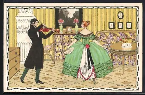 Künstler-AK sign. Mitzi Marbach: Herr spielt für eine Dame Violine, Jugendstil