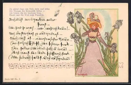 Künstler-AK sign. Arpad Basch: Dame inmitten von Schwertlilien, Jugendstil