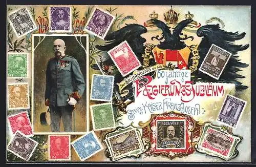 AK Briefmarken zu Kaiser Franz Josef I. von Österreichs 60. Regierungs-Jubiläum 1908, Adler, Wappen