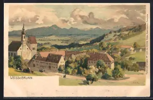 Künstler-AK Edward Harrison Compton: Wessobrunn, Teilansicht mit Kloster