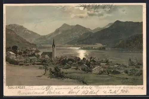 Künstler-AK Edward Theodore Compton: Schliersee, Totalansicht mit Mondschein