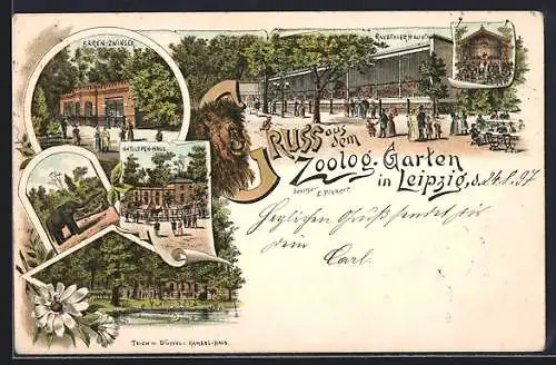 Lithographie Leipzig, Zoologischer Garten - Bärenzwinger, Antilopen-Haus, Elefant