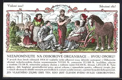 Künstler-AK Bauern und Fabrikarbeiter im Gespräch, Gewerkschaft, Nezapomínejte na Odborové Organisace - svou oporu!