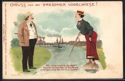 AK Dresden, Dresdener Vogelwiese, Paar auf verschiedenen Seiten eines Flusses, Optische Täuschung