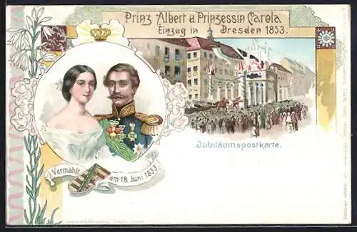 Lithographie Dresden, Prinz Albert und Prinzessin Carola, Einzug der Vermählten 1853