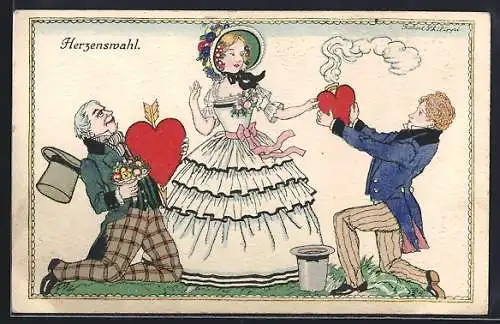 Künstler-AK Robert Philippi: Zwei Herren mit Herzen für die Dame