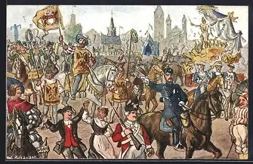 Künstler-AK Köln, Kölner Karnevalsleben, Parade mit feiernden Menschenmassen