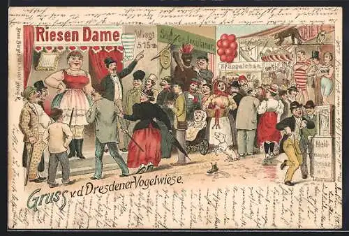 AK Dresdener Vogelwiese, Besucher bestaunen die Riesen-Dame