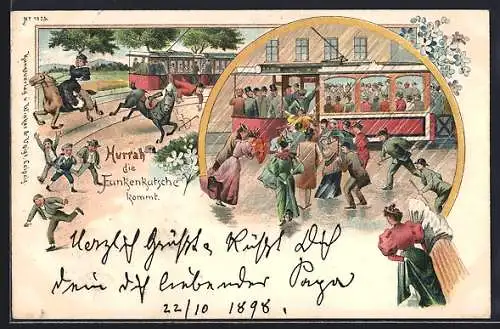 Lithographie Hurra die Funkenkutsche kommt, Strassenbahn