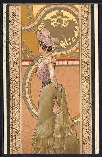 Künstler-AK sign. Arpad Basch: Profil einer Dame mit Handtasche, Jugendstil