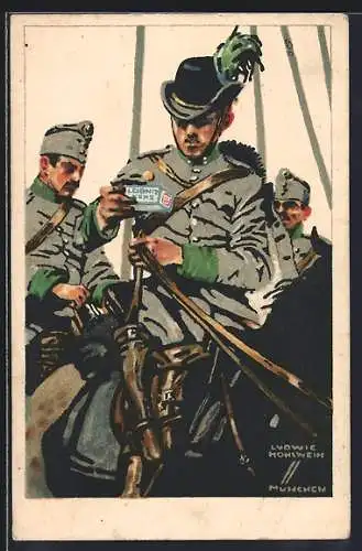 Künstler-AK Ludwig Hohlwein: Kavalleristen in Uniform mit Leibniz-Keksen, Reklame