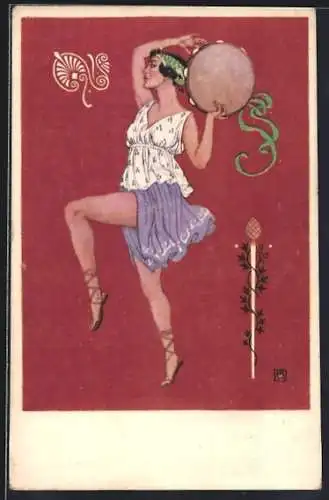 Künstler-AK Tanzende Dame mit Tamburin, Jugendstil