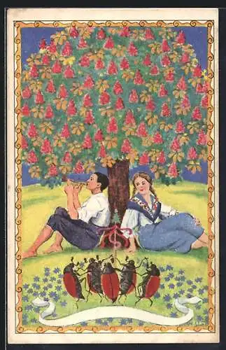 AK Tanzende Maikäfer, Liebespaar unterm Obstbaum