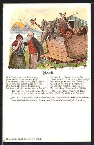 AK Reklame für Dalli Patant-Bügel-Maschinen, Noah nimmt ein Bügeleisen mit auf die Arche