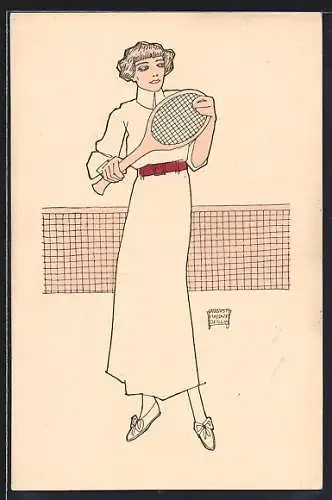 Künstler-AK sign. August Haiduk: Dame beim Tennisspiel