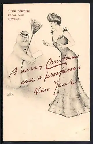 Künstler-AK sign. Charl. Jozsa: Schneemann kniet vor einer Dame im Abendkleid