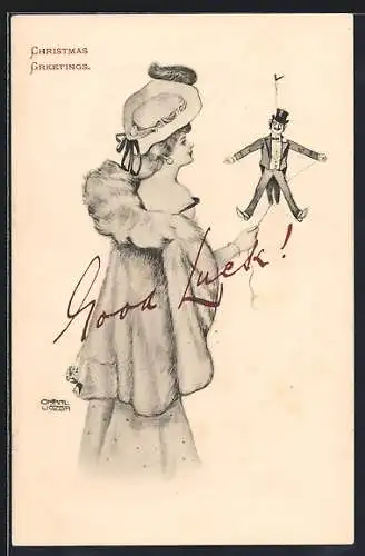 Künstler-AK sign. Charl. Jozsa: Elegante Dame mit einer Männer-Puppe