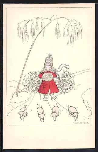 Künstler-AK Mela Köhler: Mädchen im roten Mantel mit Muff und Schweinen an der Leine