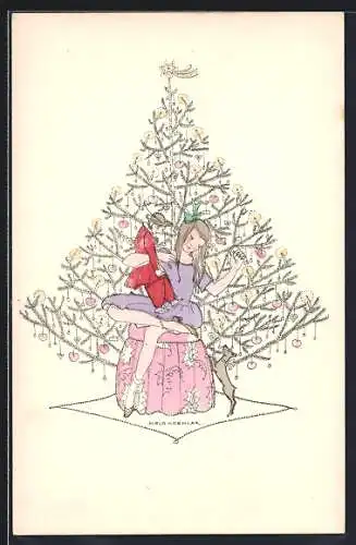 Künstler-AK Mela Köhler: Mädchen mit Puppe und Hund