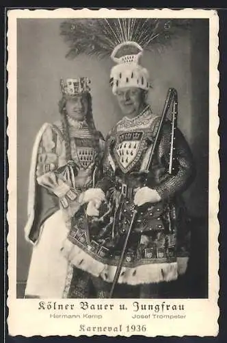 AK Köln a. Rh., Hermann Kemp und Josef Trompeter verkleidet als Bauer und Jungfrau, Karneval 1936