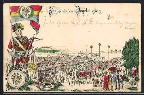 Vorläufer-AK Dresden, 1894, Buden auf der Dresdener Vogelwiese, Schütze mit Armbrust
