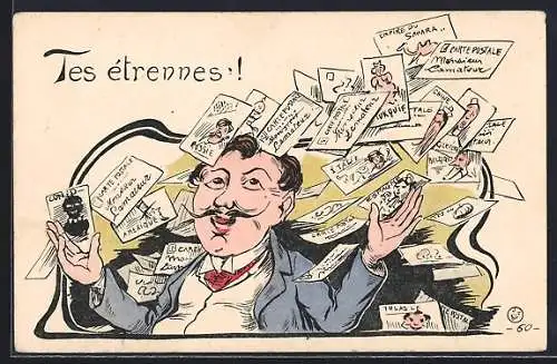 Künstler-AK Lachender Mann umgeben von Postkarten, Tes étrennes!, Ansichtskartengeschichte