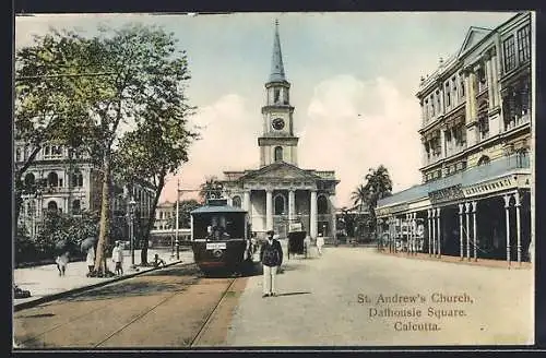 AK Calcutta, St. Andrew`s Church, Dalhousie Square, Strassenbahn