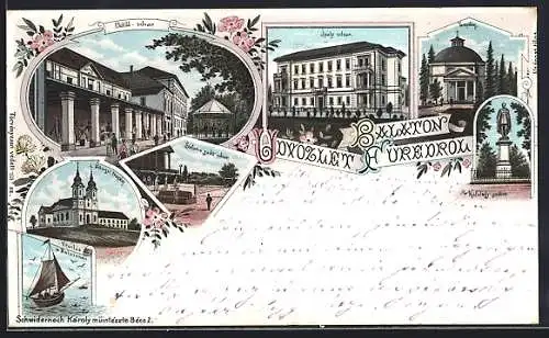 Lithographie Füred, Templom, Ipoly udvar, Stefania yacht udvar, Clotid-udvar