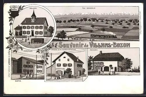 Lithographie Villars-Bozon, Pension, Maison de A. Weber-Steffen, Auberges, College, Vue Générale