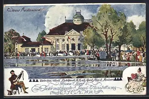 Künstler-AK Ulf Seidl: Wien, 1. Internationale Jagdausstellung 1910, Wiener Restaurant