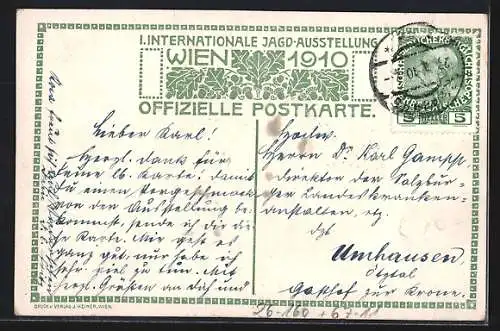 Künstler-AK Ulf Seidl: Wien, 1. Internationale Jagdausstellung 1910, Wiener Restaurant